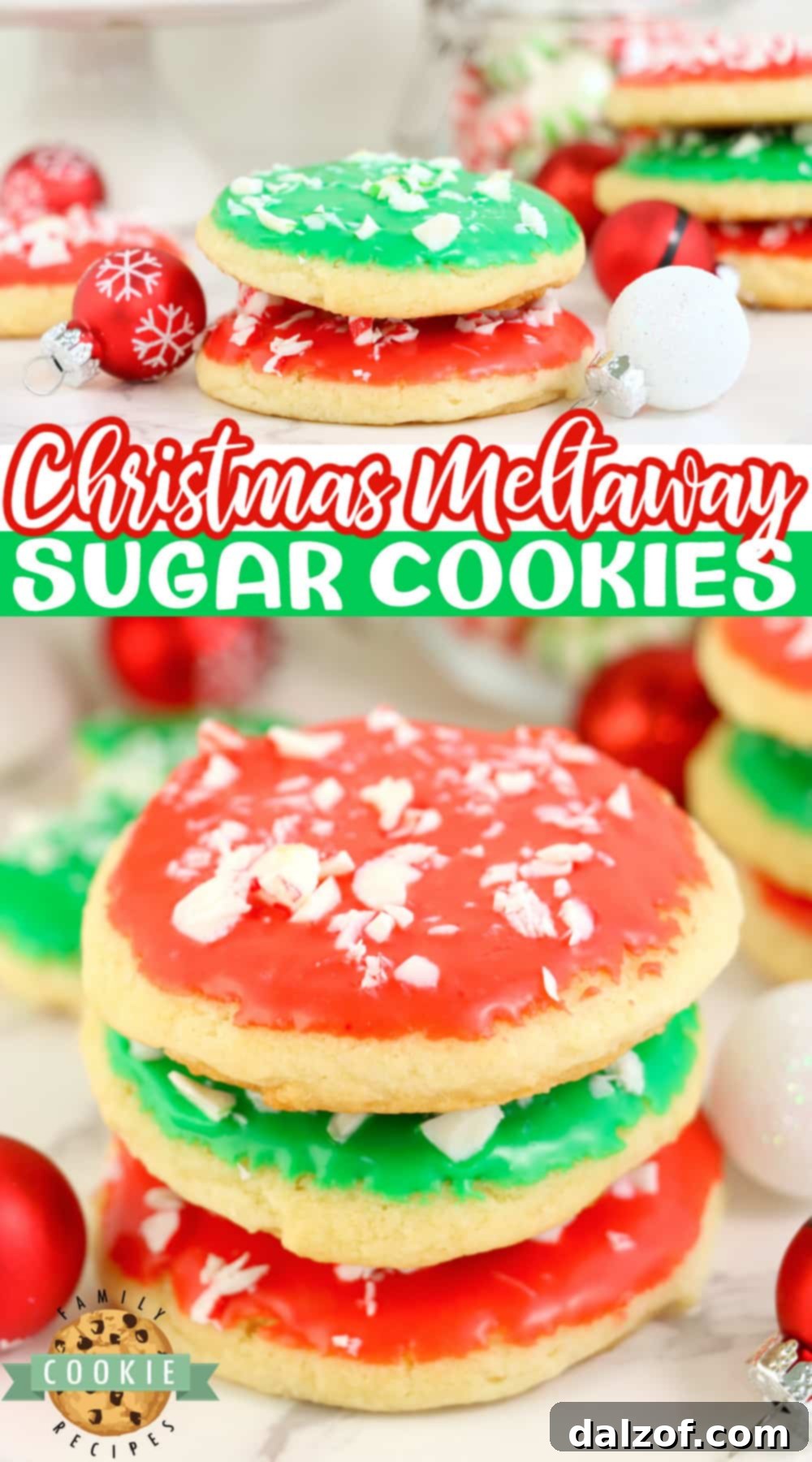 Christmas Sugar Cookies are soft and light sugar cookies dipped in vibrant frosting and topped with crushed mints. Easy holiday sugar cookie recipe that is perfect for parties and goody platters. No chilling, rolling out the dough or cutting out any cookies!