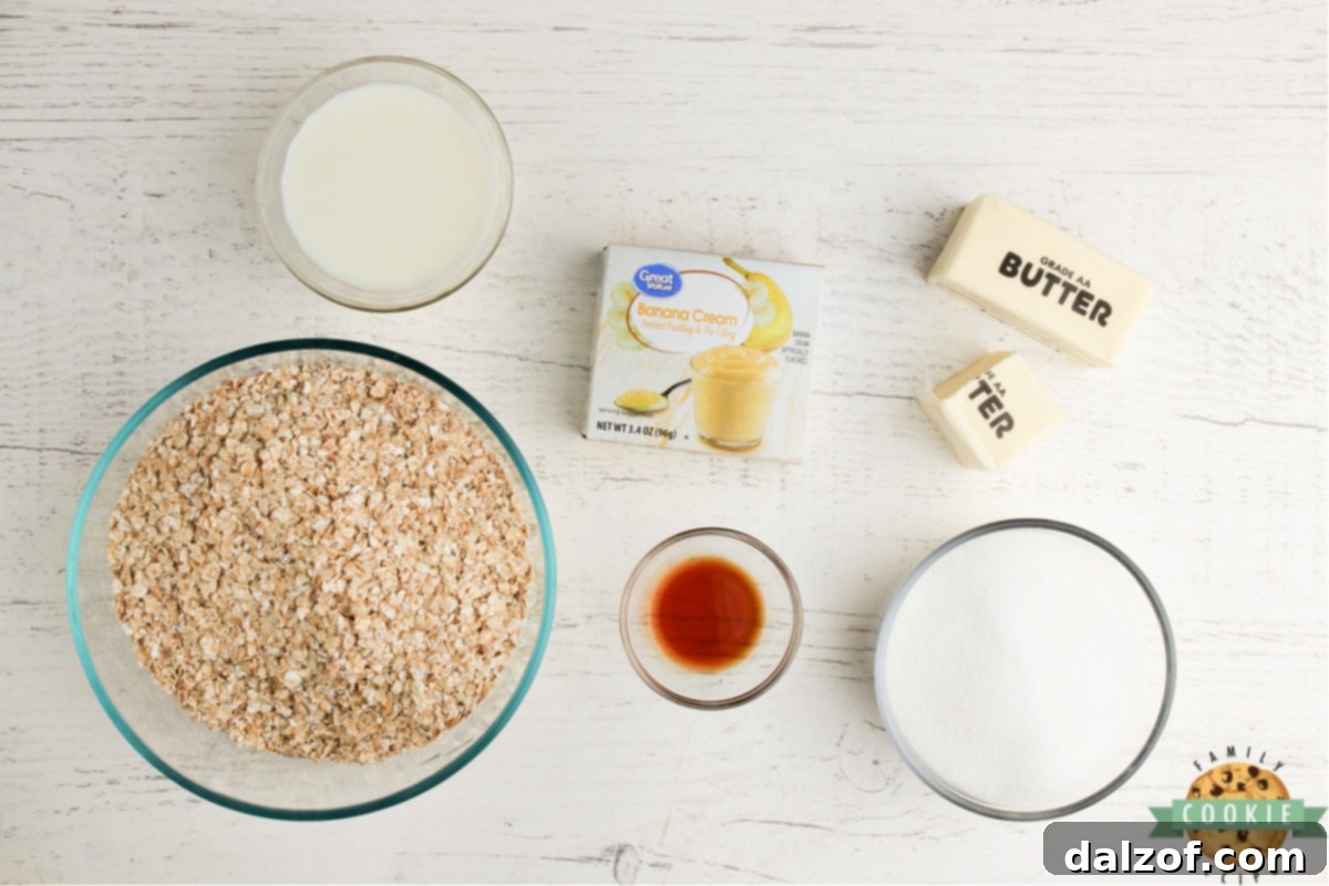 All the essential ingredients for Banana Oatmeal No Bake Cookies laid out.
