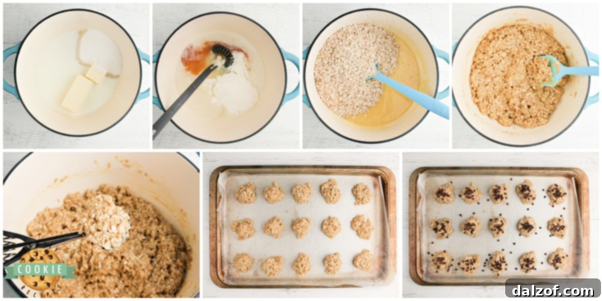 A step-by-step visual guide showing the process of making Banana Oatmeal No Bake Cookies.