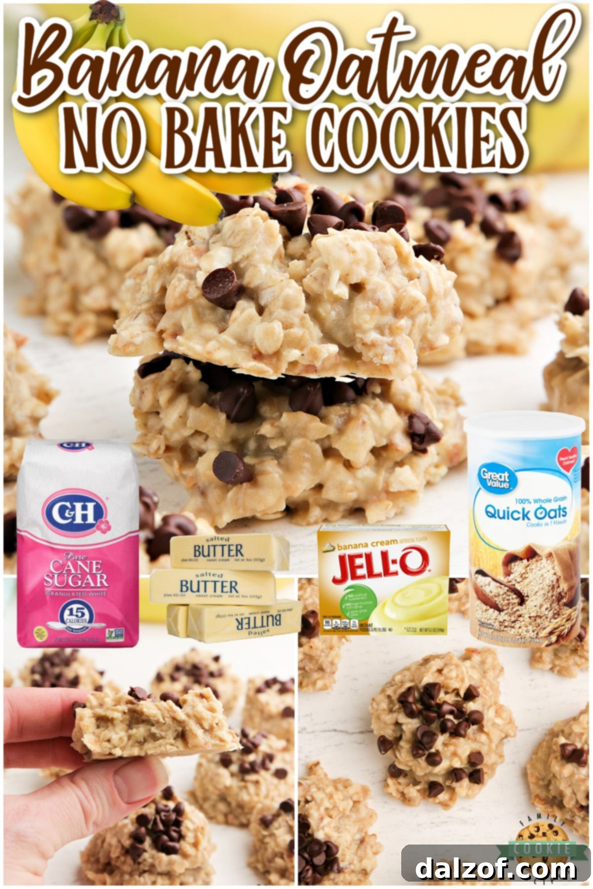 A collage of various images featuring Banana Oatmeal No Bake Cookies, highlighting their appeal.