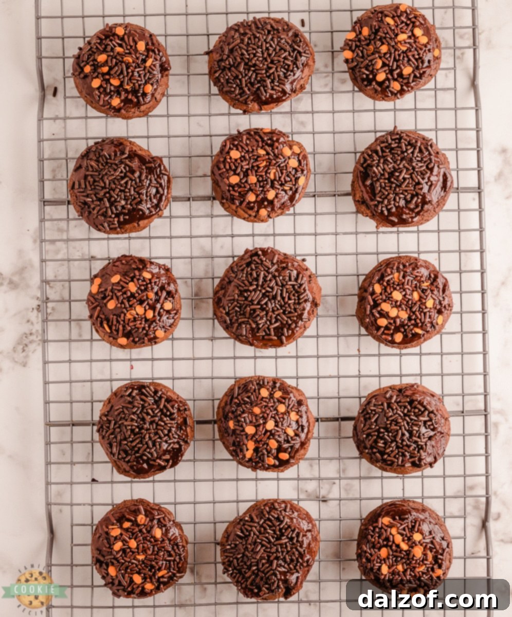 Halloween brownie cookies cooling on a wire rack