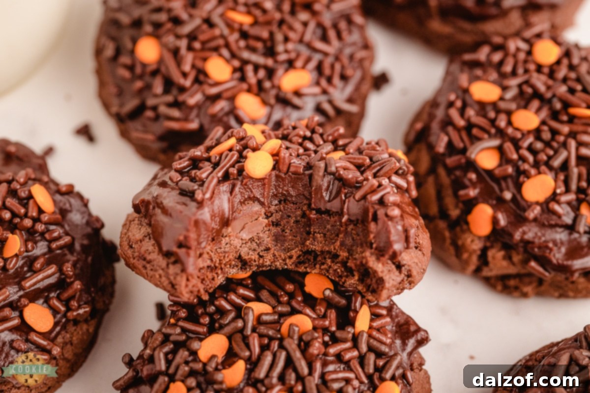 Fudgy soft Halloween brownie cookies on a serving plate