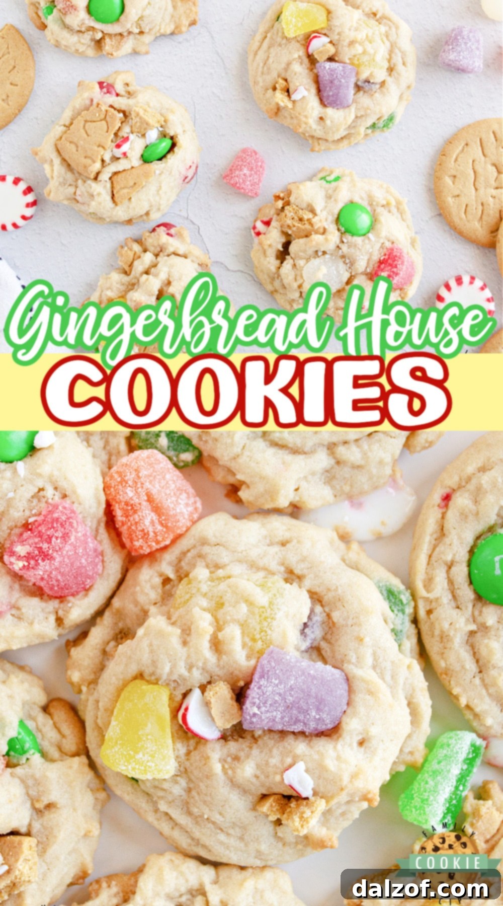 Gingerbread House Cookies made with gingerbread cookies, gum drops, and peppermint candies. If you can use it to decorate a gingerbread house with, you can put it in these cookies!