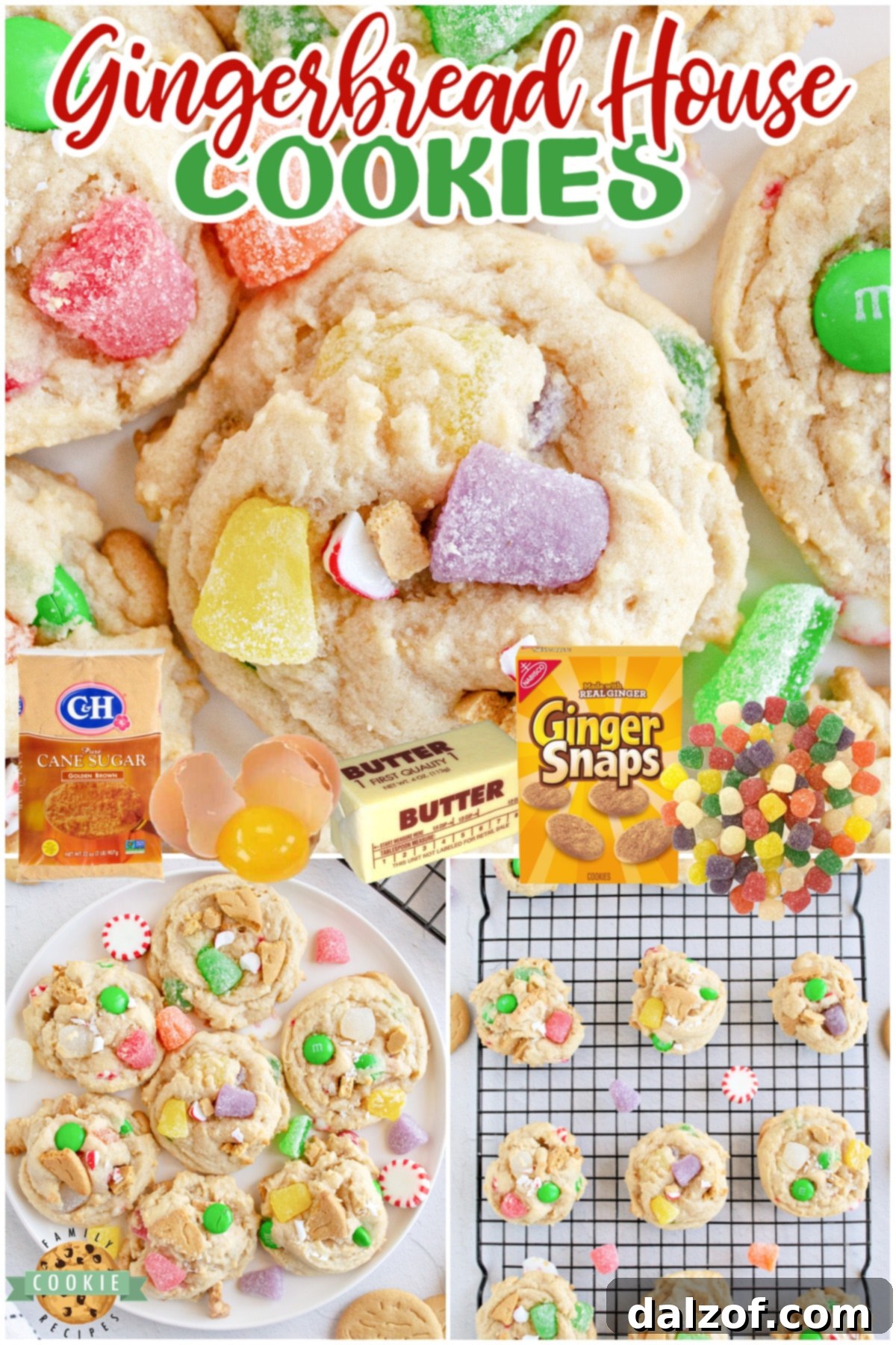 Gingerbread House Cookies made with gingerbread cookies, gum drops, and peppermint candies. If you can use it to decorate a gingerbread house with, you can put it in these cookies!