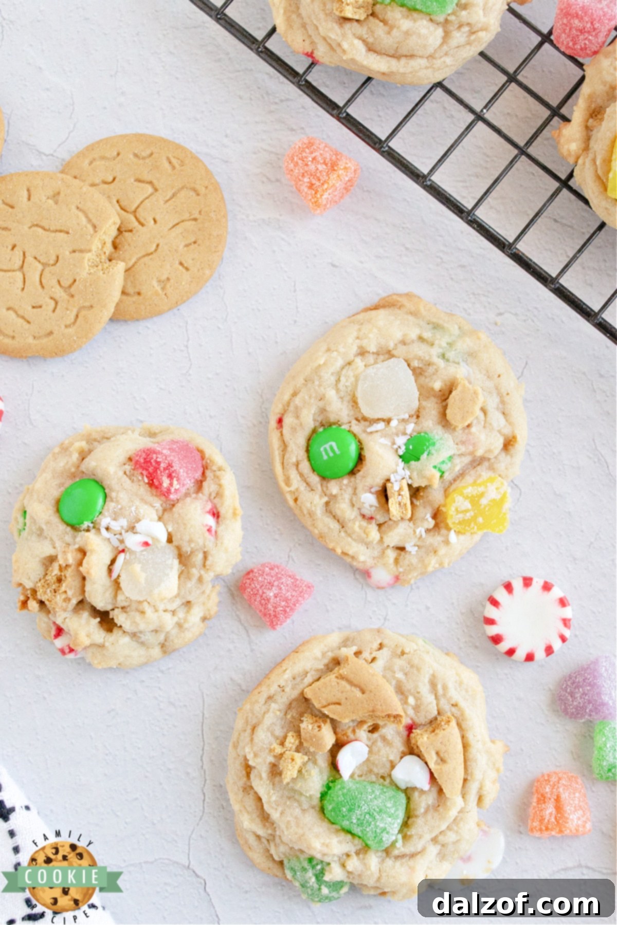 Cookies made with gingersnaps, gum drops and peppermint candies