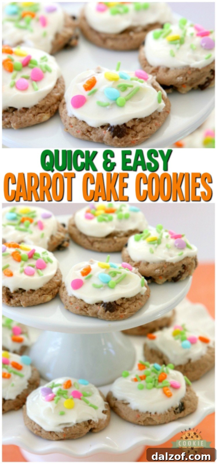 Carrot Cake Cookies are soft and chewy, flavorful carrot cake cookies made with a cake mix! Topped with a creamy cheesecake frosting, these carrot cake cookies are perfect for Easter!  #carrotcake #cookies #cakemix #cookie #Spring #Easter #recipe #dessert from FAMILY COOKIE RECIPES