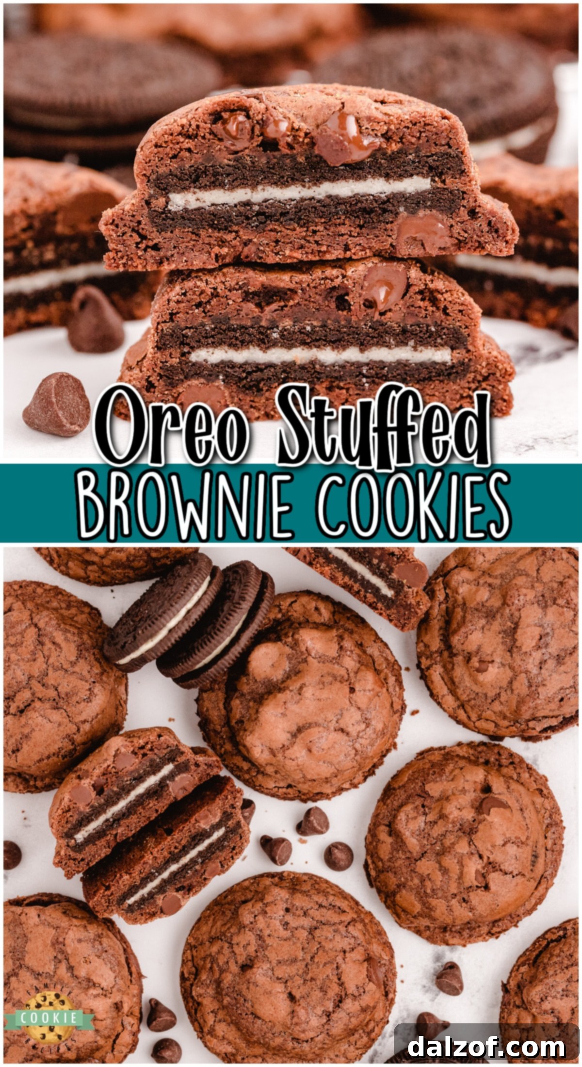 A stack of freshly baked Oreo Stuffed Brownie Cookies, showcasing the deliciousness of an Oreo baked inside a chocolate brownie cookie.