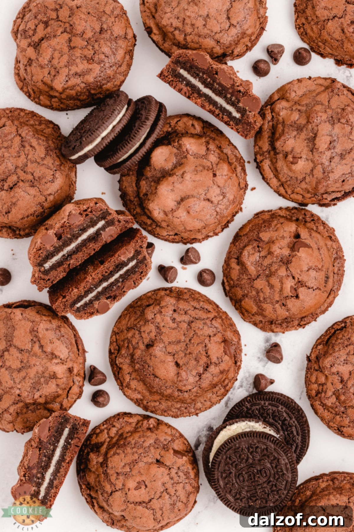 Close-up of freshly baked Oreo stuffed brownie cookies on a baking sheet