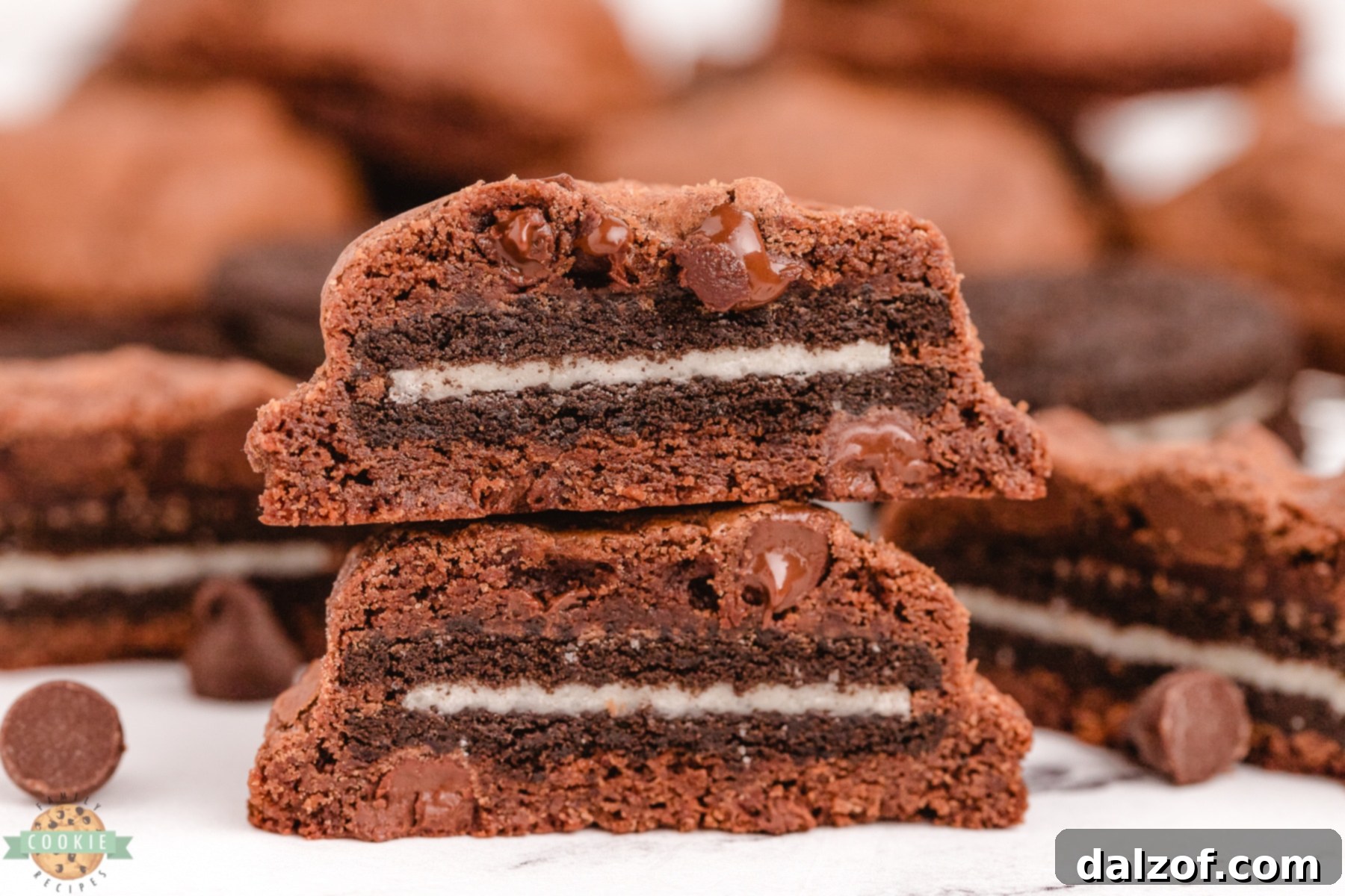 Oreo brownie cookies sliced in half, revealing the whole Oreo cookie inside