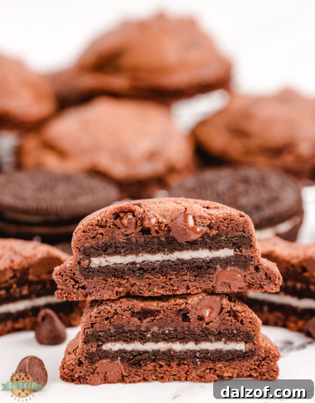Platter of chocolate brownie cookies generously stuffed with Oreo cookies