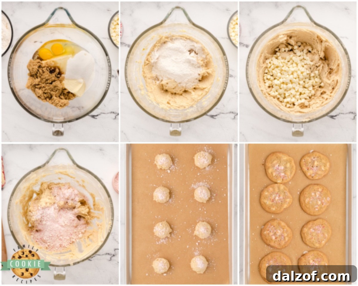 Step-by-step image showing how to mix the cookie dough for white chocolate peppermint cookies.