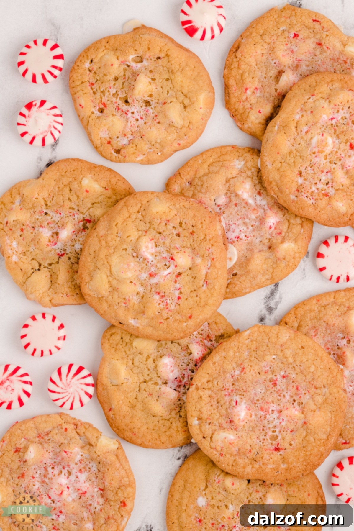 A tray filled with freshly baked peppermint white chocolate chip cookies, still warm from the oven.