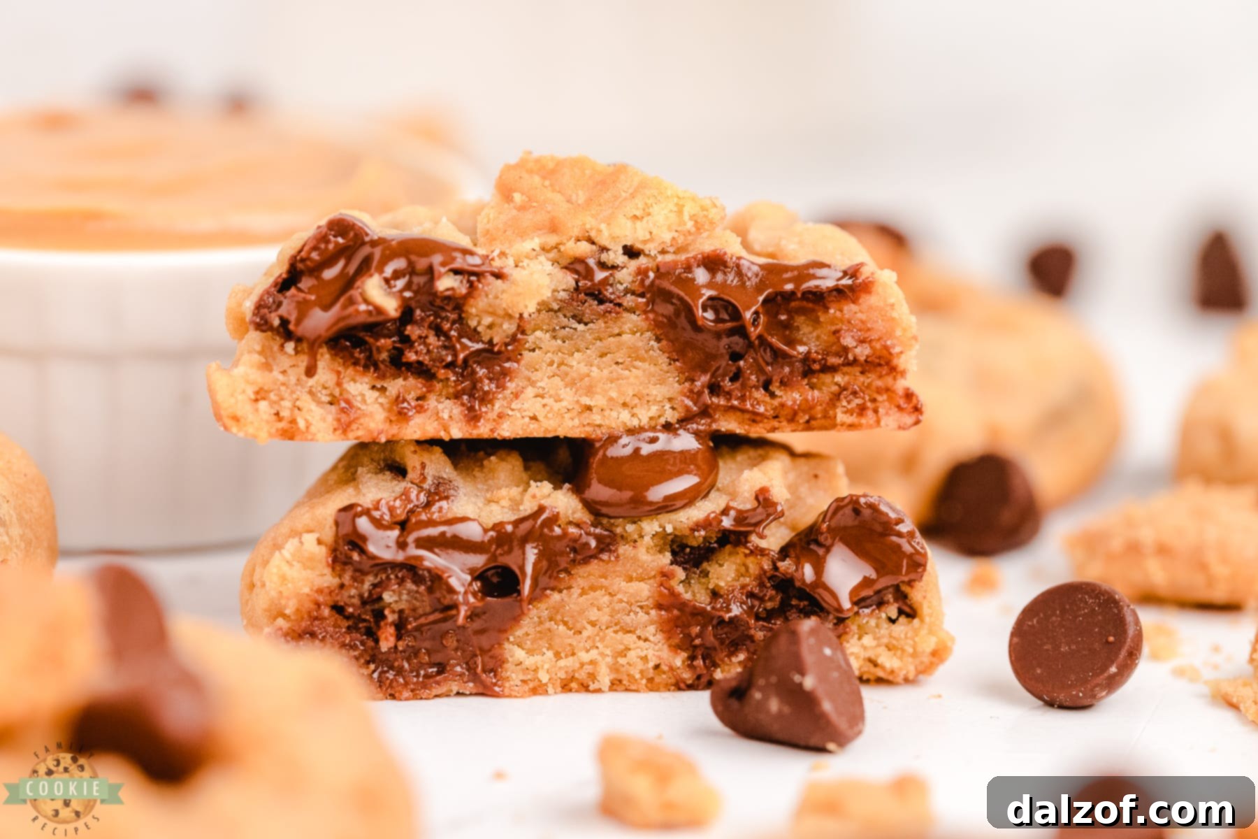 Close-up of golden brown Nutter Butter cookies baked into a batch of rich chocolate chip cookies, showcasing the delightful visible chunks.