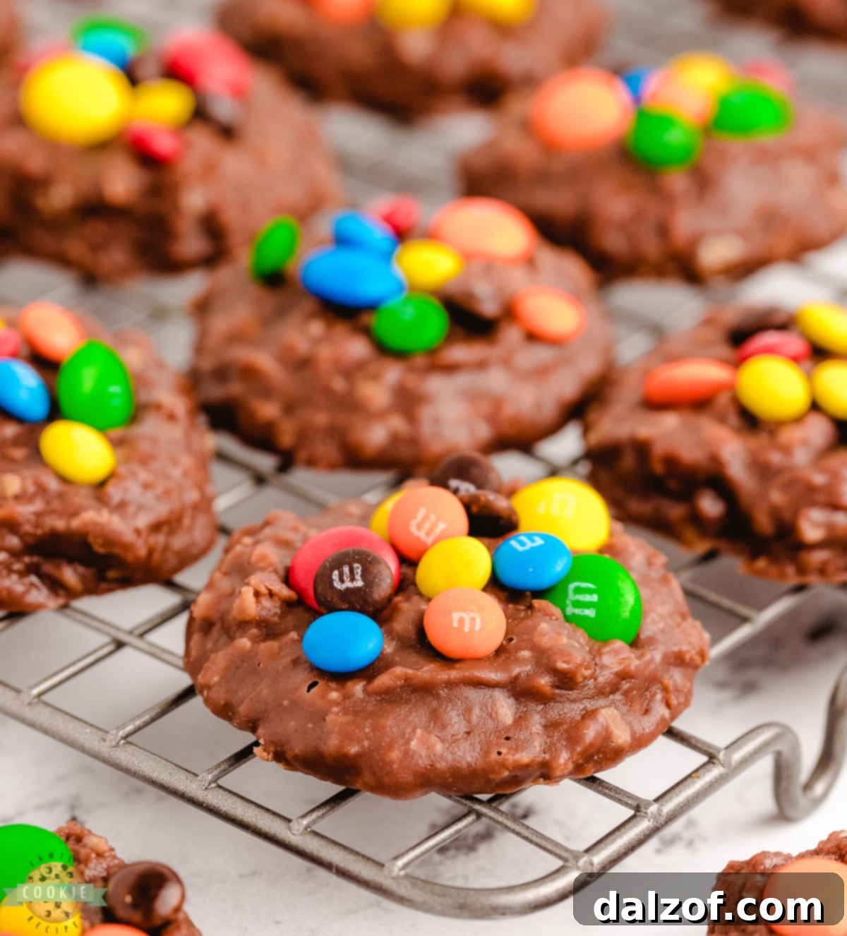 no bake M&M cookies on a cooling rack