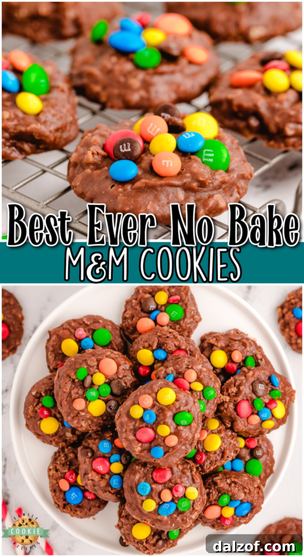 No Bake M&M Cookies are loaded with chocolate, oats, coconut & topped with M&M candies! These easy no-bake cookies are so simple to make and they have the best flavor!