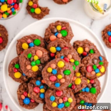plateful of no bake cookies topped with M&M candies
