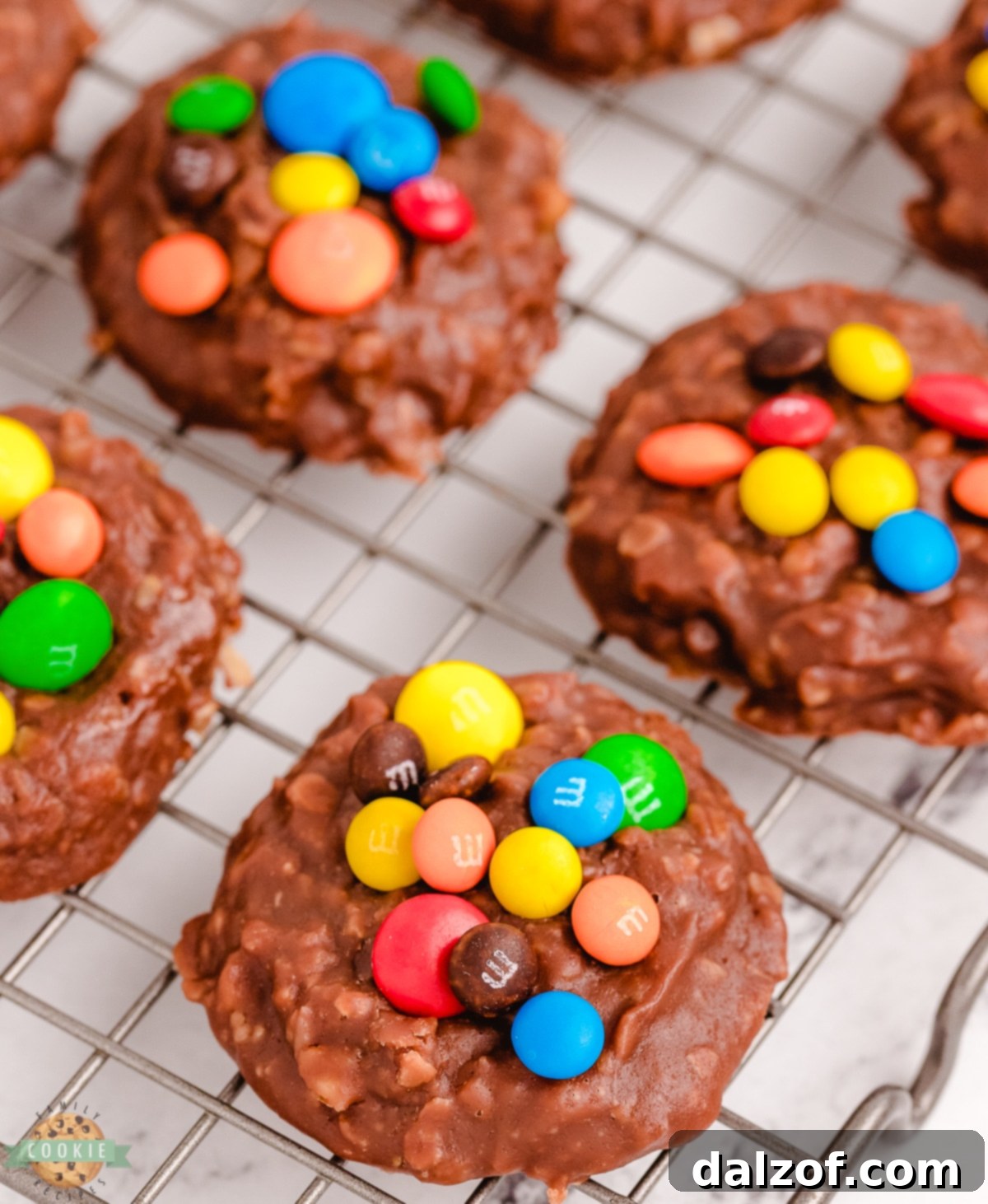 M&M no bake cookies on a cooling rack