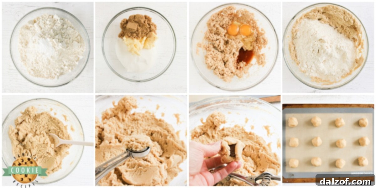 Step-by-step visual instructions on how to make Stuffed Rolo Cookies, demonstrating the mixing of ingredients and the technique of wrapping dough around a Rolo candy.