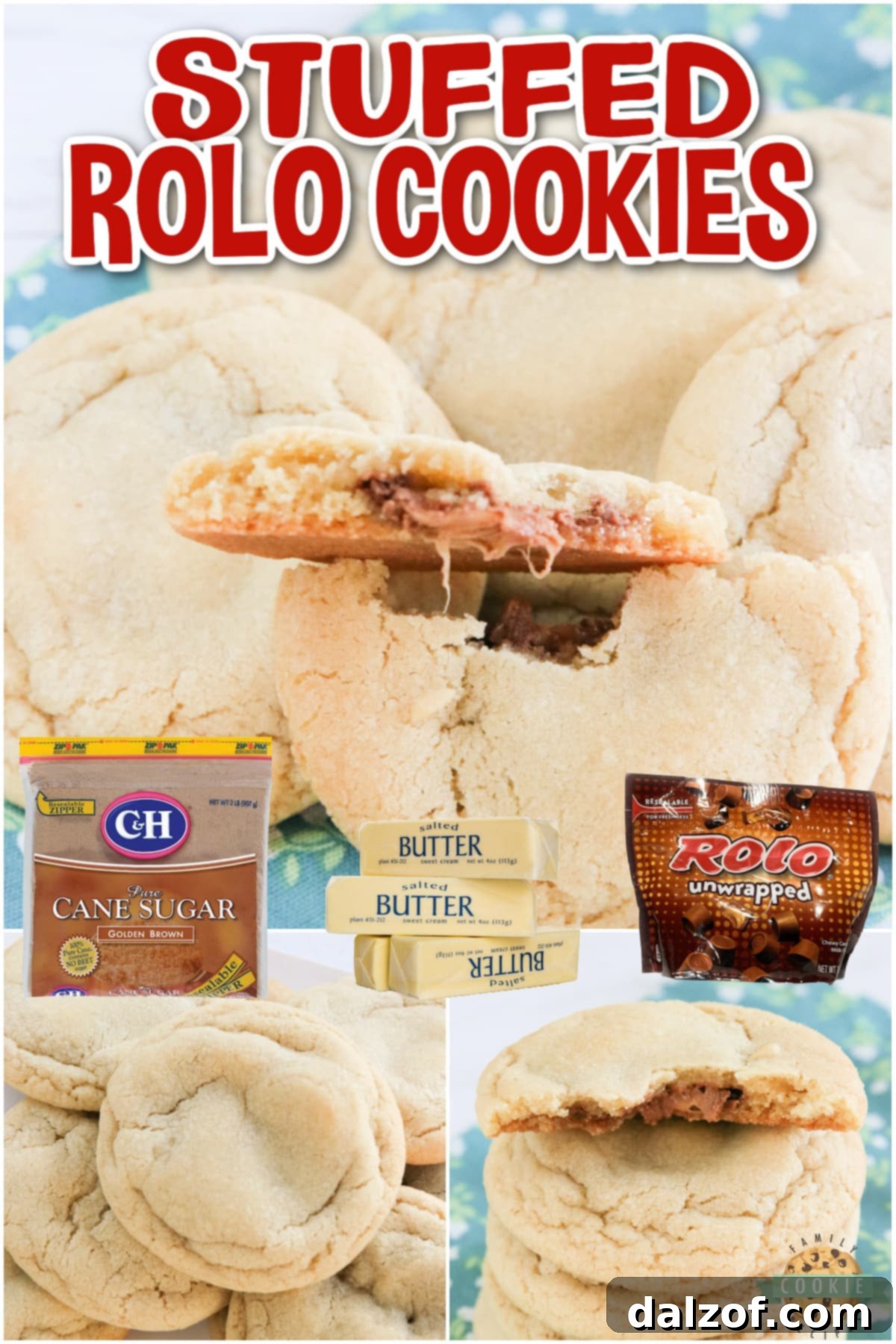 A vibrant collage displaying Stuffed Rolo Cookies in various stages, emphasizing their soft texture and melted caramel centers.