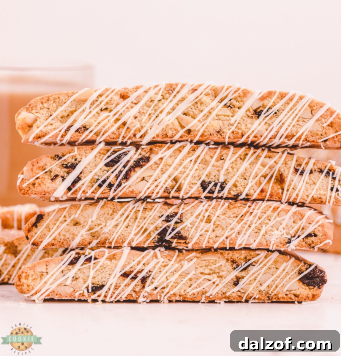 Stack of four delicious cherry almond biscotti cookies