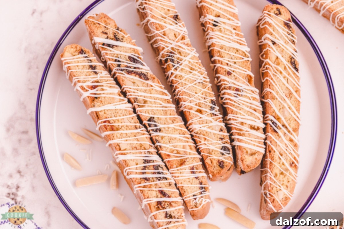 Finished cherry biscotti with white chocolate drizzle