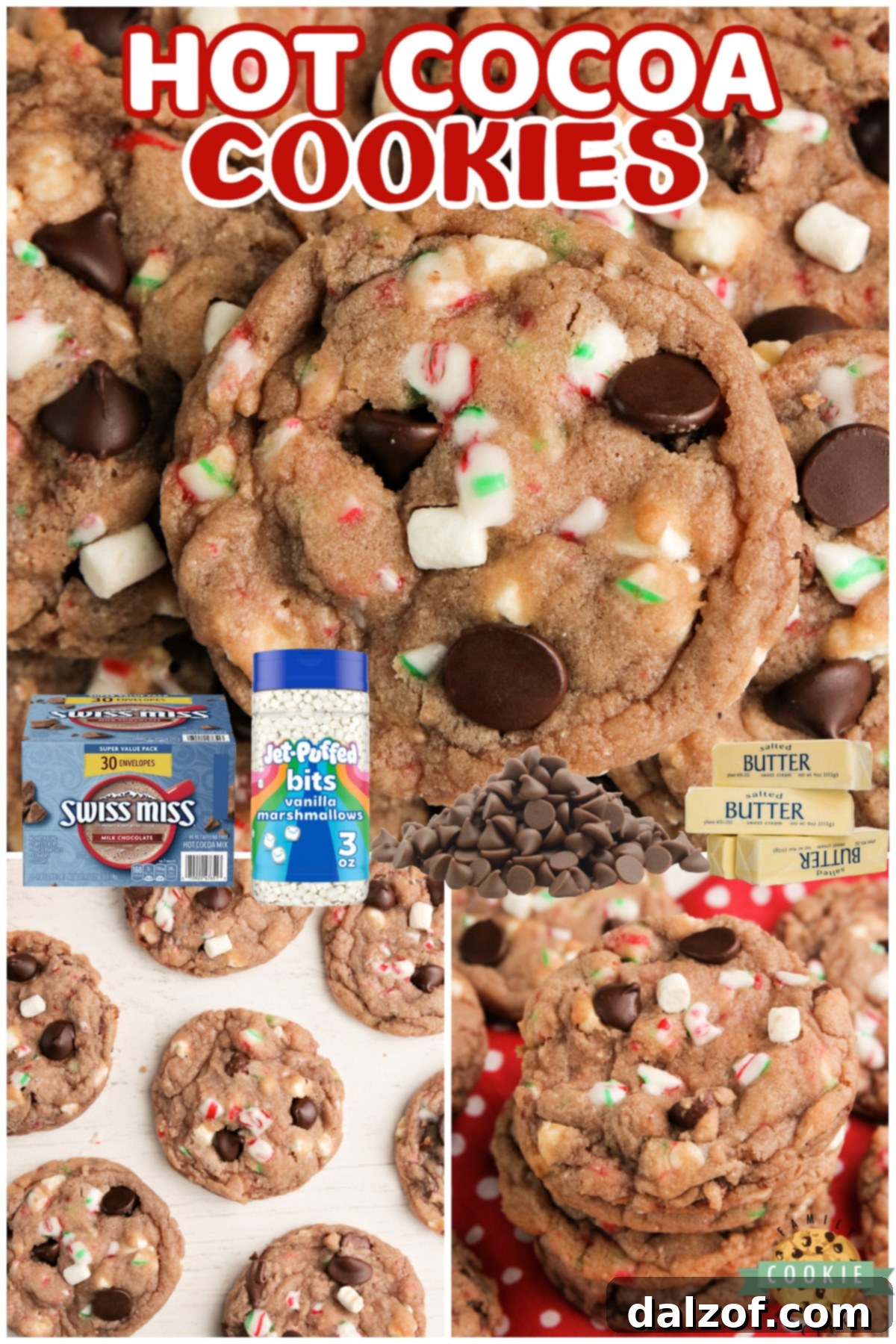 Hot Cocoa Cookies made with hot cocoa mix, chocolate chips, crushed candy canes and marshmallow bits. These hot chocolate cookies are simple to make and have all the flavors of a cup of your favorite hot cocoa! 