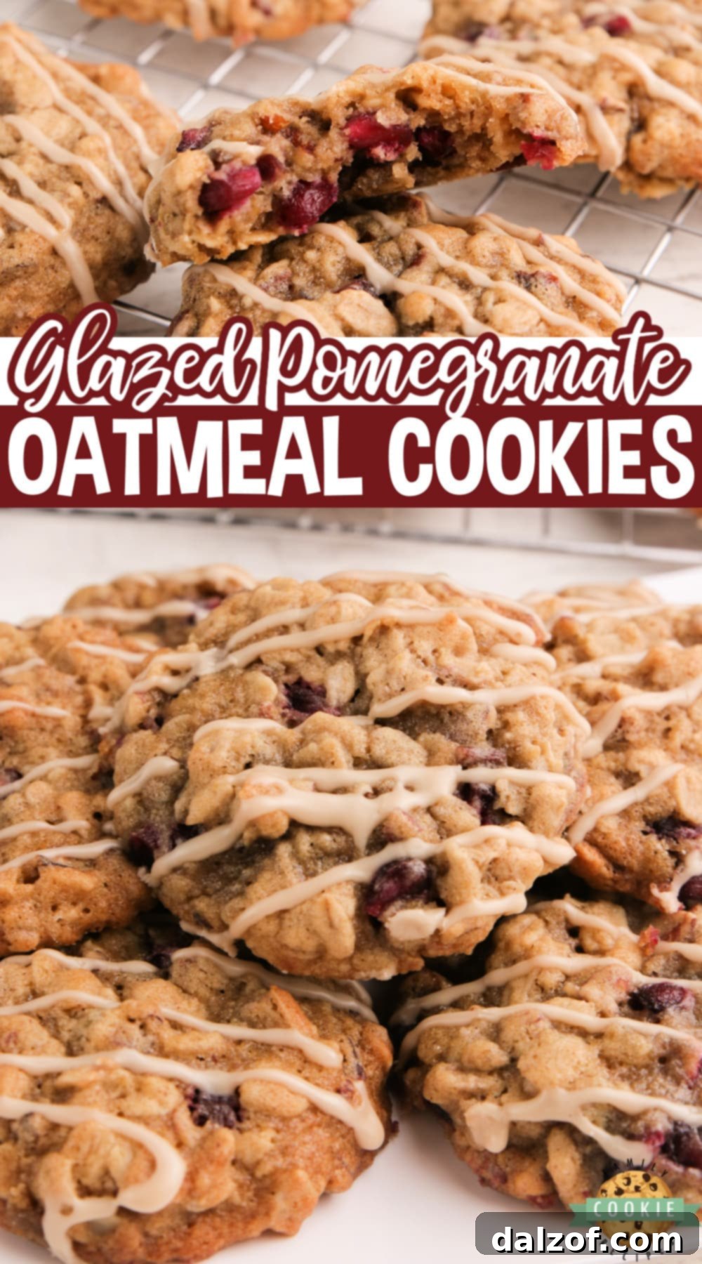 Soft, chewy Glazed Pomegranate Oatmeal Cookies topped with a simple maple syrup glaze
