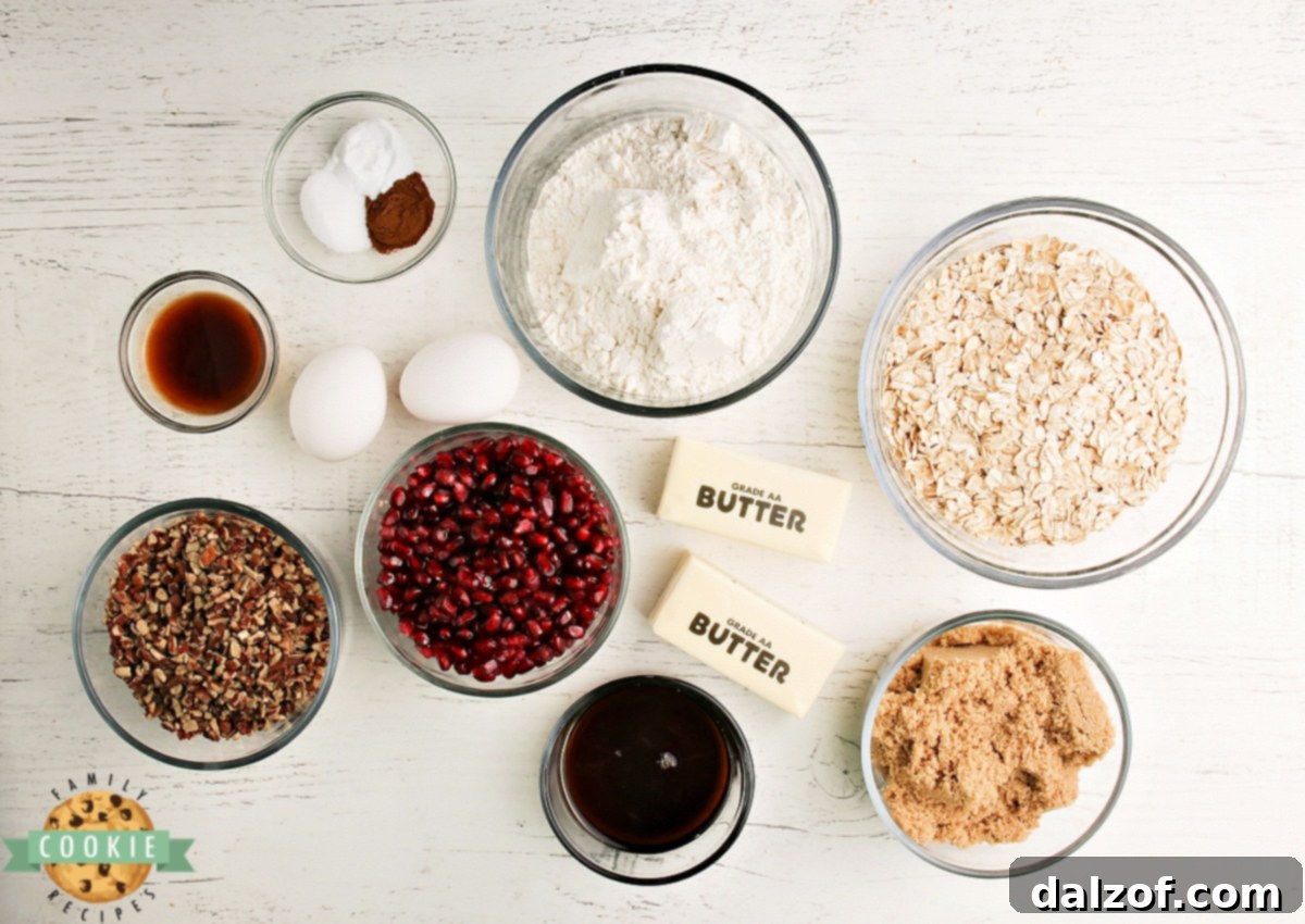 Key ingredients for making Glazed Pomegranate Oatmeal Cookies