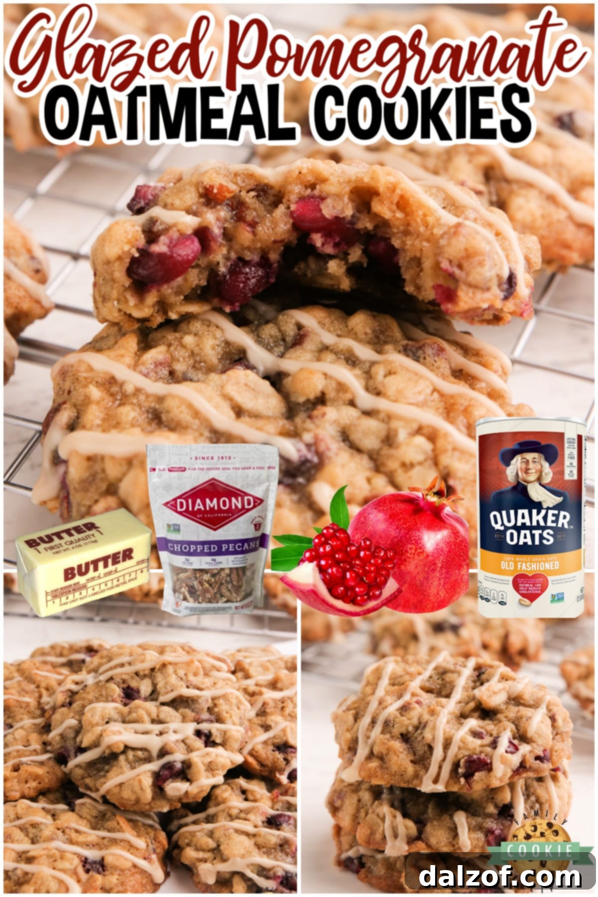 Glazed Pomegranate Oatmeal Cookies are soft, chewy and packed with the flavor of maple syrup, cinnamon, pomegranate seeds and pecans. Delicious oatmeal cookies topped with a simple maple syrup glaze. 