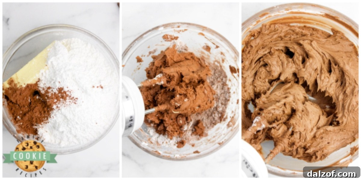 Decadent Chocolate Oatmeal Cream Pies 7 Rich chocolate buttercream frosting being prepared in a mixing bowl.