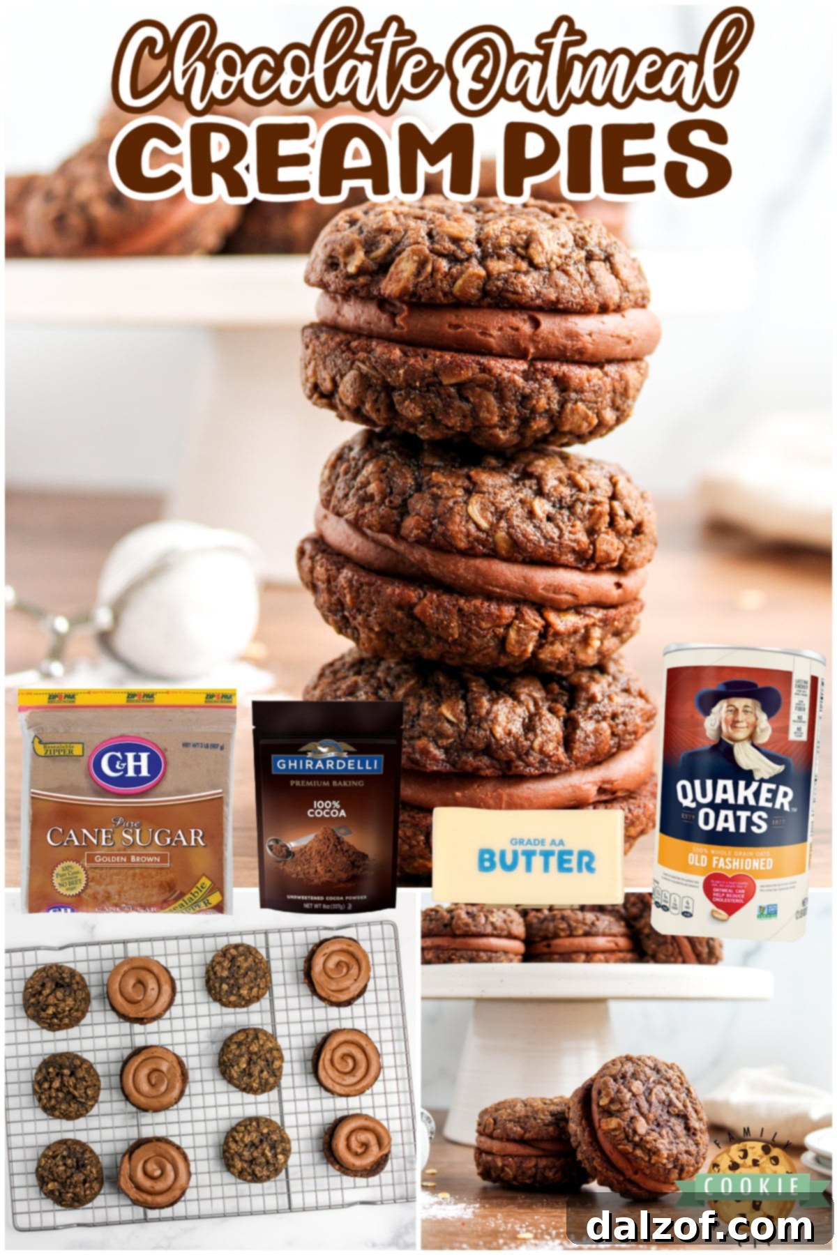 Decadent Chocolate Oatmeal Cream Pies 9 An inviting collage of Chocolate Oatmeal Cream Pies, highlighting their rich chocolatey appeal.