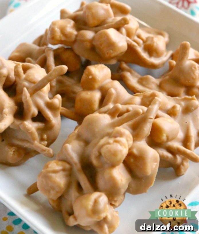 Marshmallow Peanut Butter No Bake Cookies are made with only 4 ingredients - marshmallows, peanut butter, butterscotch chips and chow mein noodles!