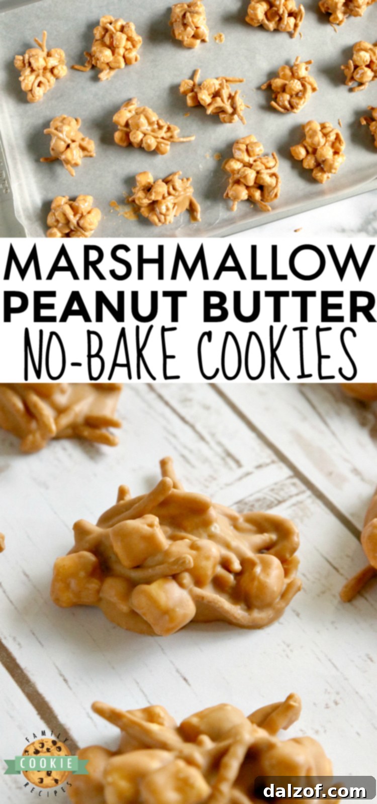 Marshmallow Peanut Butter No Bake Cookies are made with only 4 ingredients - marshmallows, peanut butter, butterscotch chips and chow mein noodles!