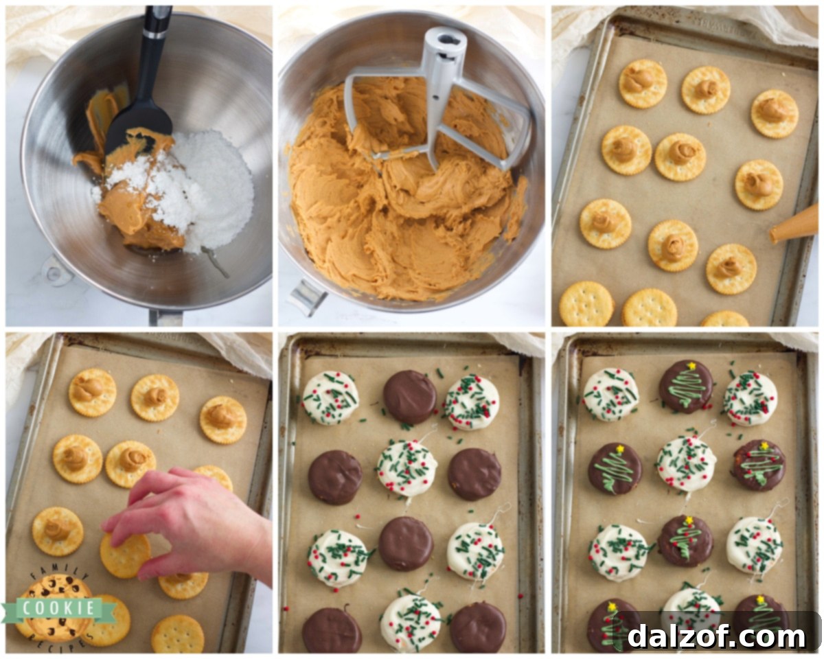 Steps showing how to make chocolate-covered Ritz cookies with peanut butter