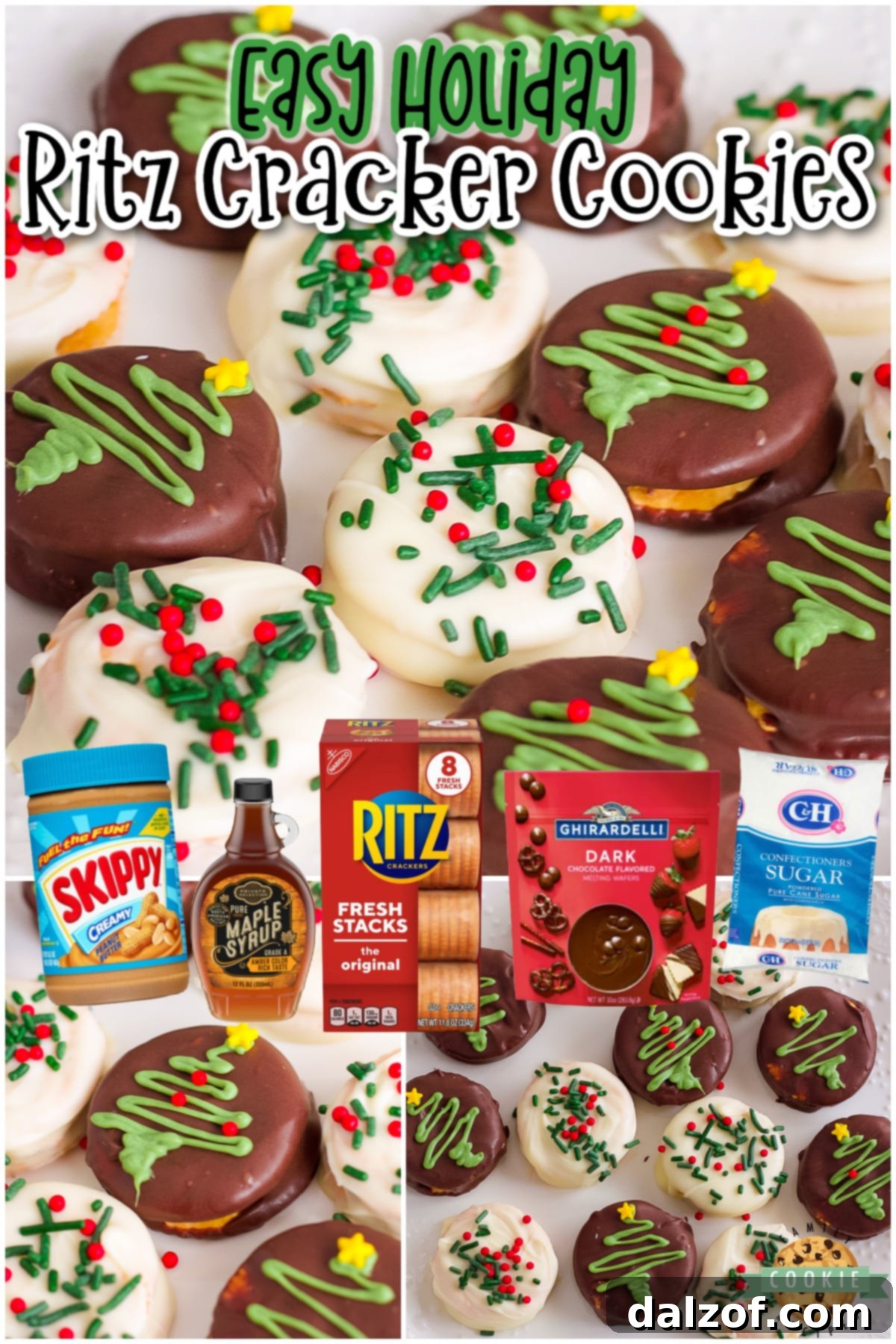 A collage featuring chocolate Ritz Cracker Cookies with a recipe overlay, highlighting their simplicity and deliciousness as a Christmas staple and perfect peanut butter Ritz addition to cookie platters.