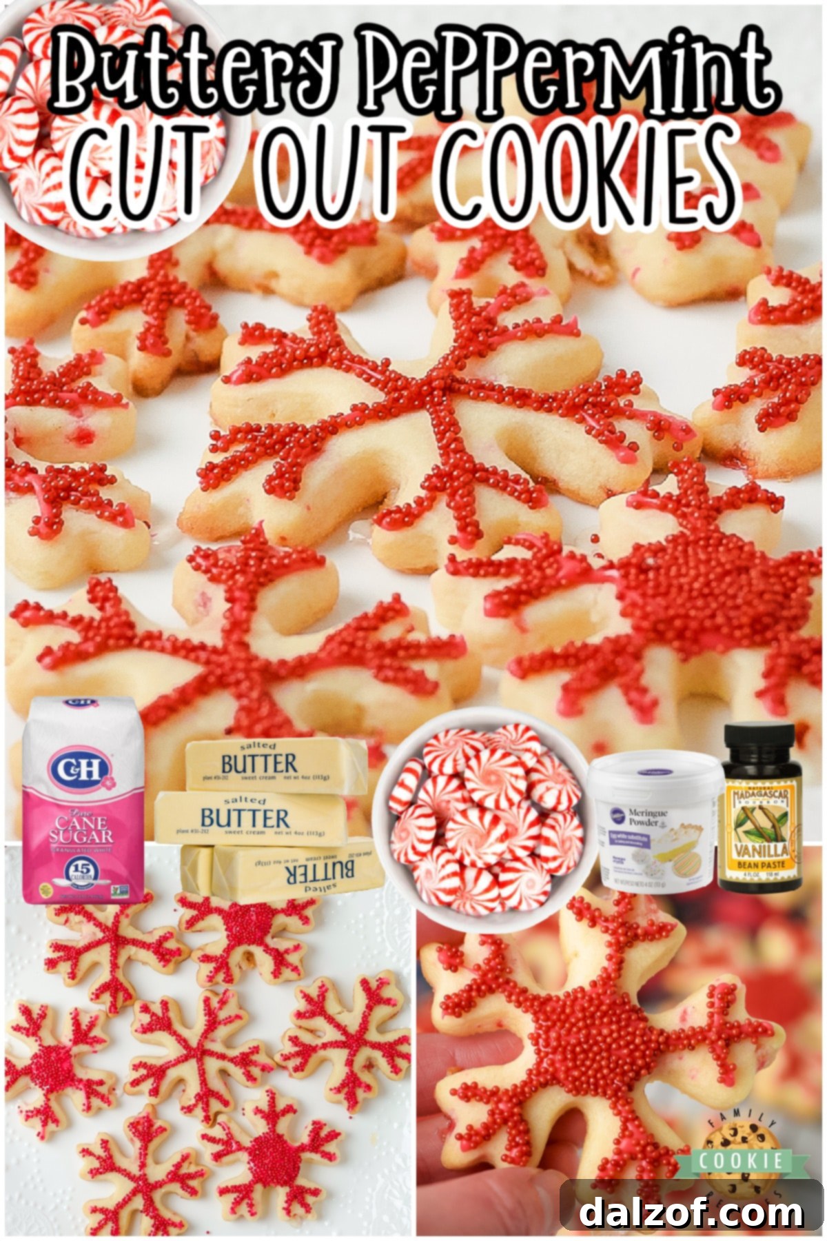 Peppermint Cutout cookies made with classic ingredients + crushed candy canes and a simple vanilla glaze! Buttery, festive cut out sugar cookies perfect for Christmas!