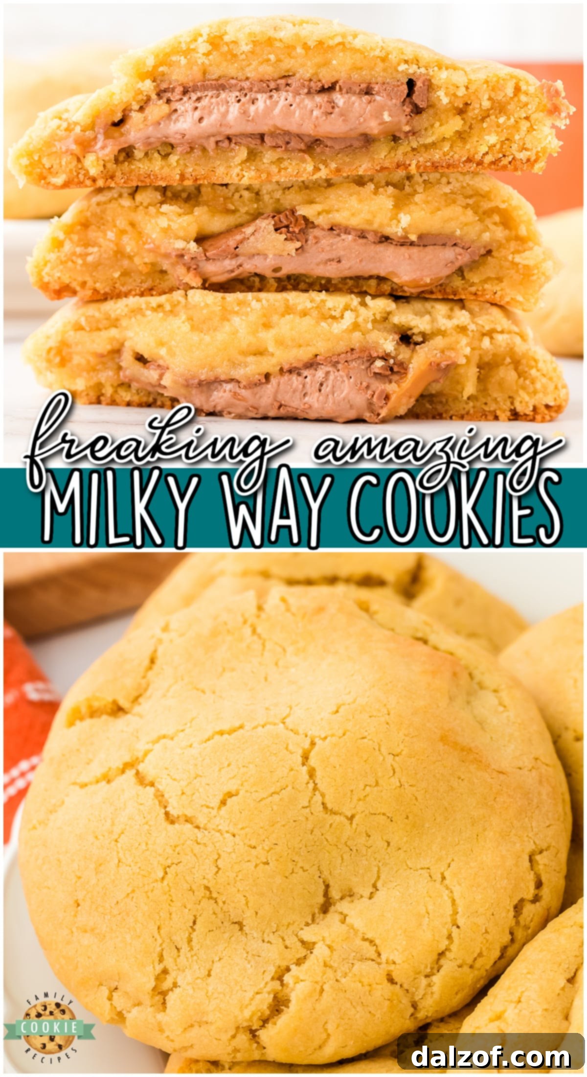 Bakery Style Milky Way Cookies made with sweet cookie dough and stuffed with the classic chocolate caramel nougat candies. Stuffed cookies are a perfect treat!