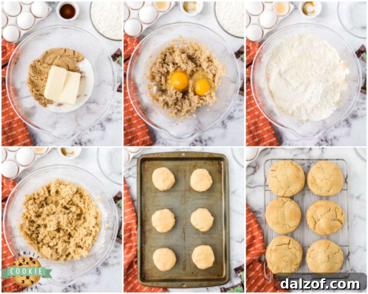 a visual guide demonstrating how to make Milky Way Cookies, showing dough wrapping around candy bars