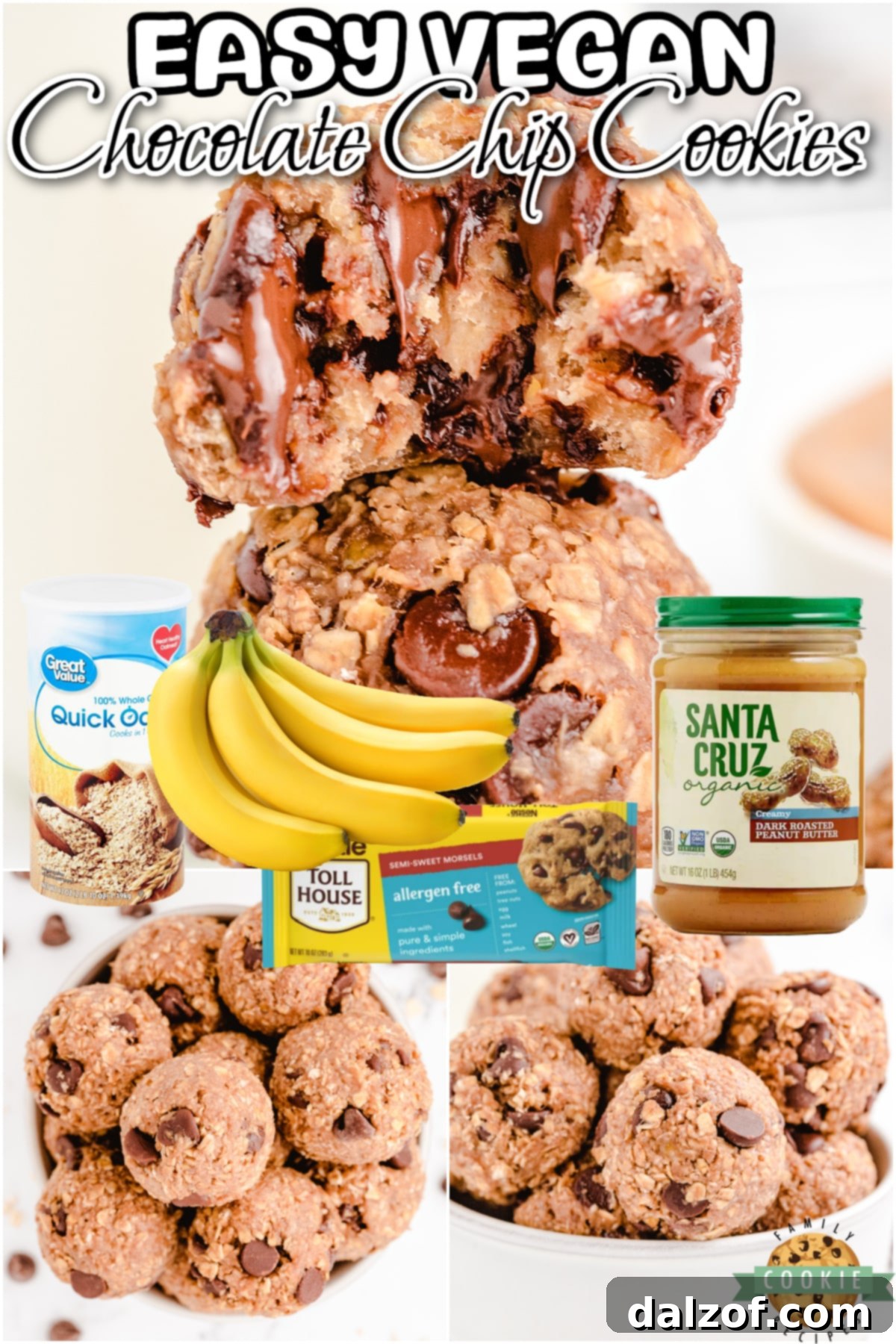 Simple 4 ingredient recipe for Vegan Chocolate Chip Cookies that's made with bananas, oats, peanut butter & chocolate chips! Healthy no bake cookies that you can feel good about eating! 