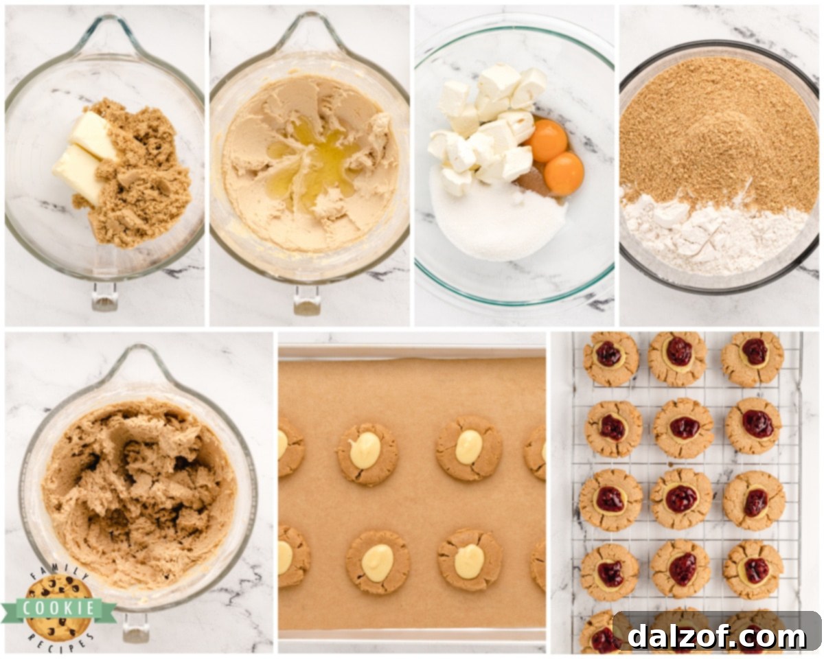 A step-by-step visual guide demonstrating how to make raspberry cheesecake cookies, from dough to filled indentations.