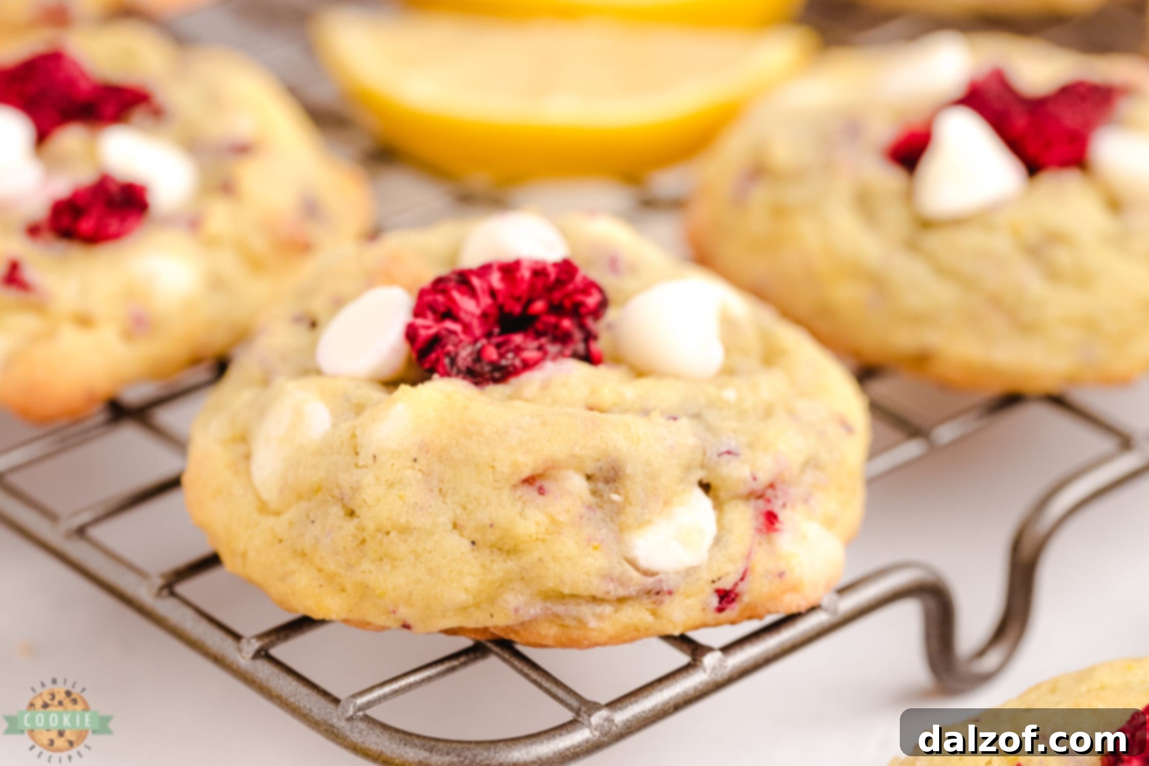 Delicious lemon raspberry cookies resting on a cooling rack