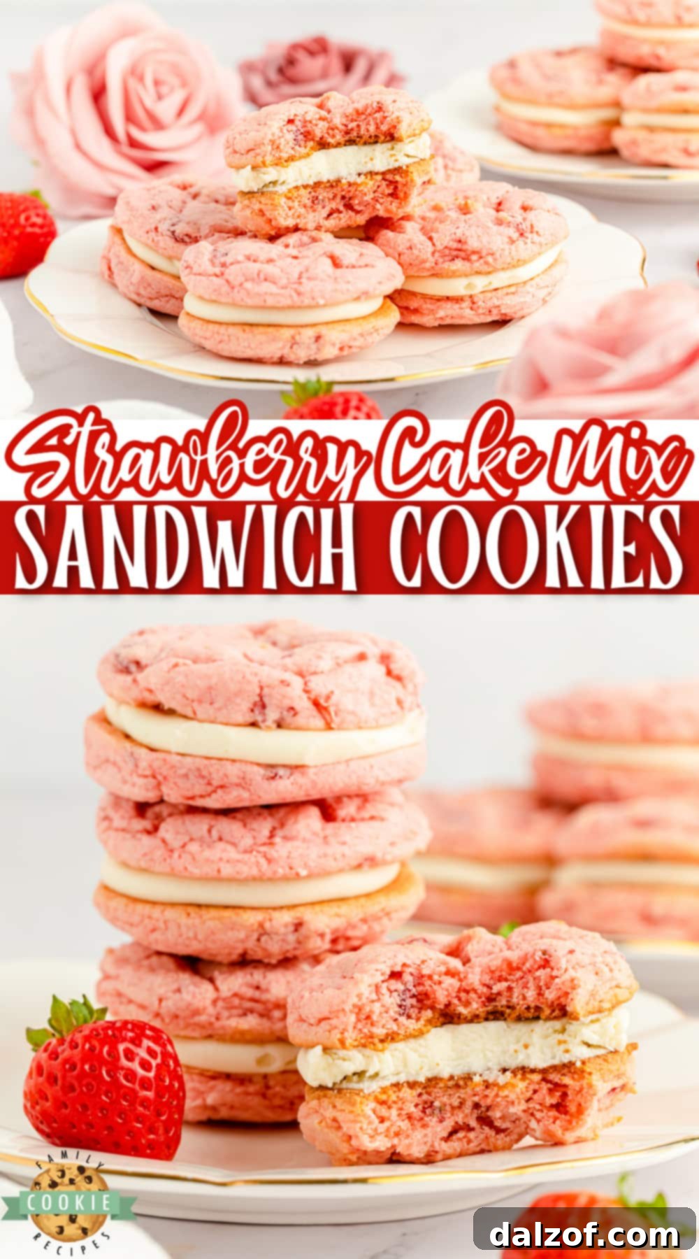 Strawberry Cake Mix Sandwich Cookies are made with freeze dried strawberries and a simple cream cheese filling. Easy cookie sandwiches that are packed with strawberry flavor!