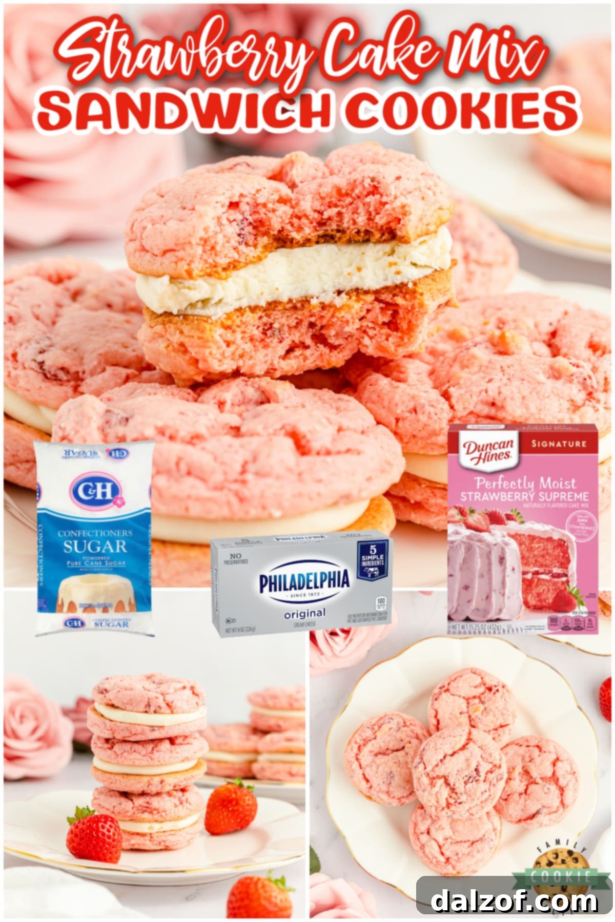 Strawberry Cake Mix Sandwich Cookies are made with freeze dried strawberries and a simple cream cheese filling. Easy cookie sandwiches that are packed with strawberry flavor!