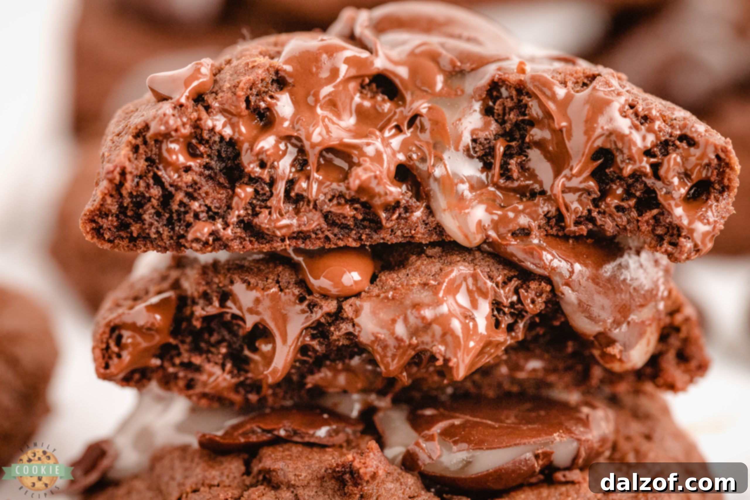 Close-up of decadent chocolate mint cookies, highlighting their rich texture and Junior Mint topping