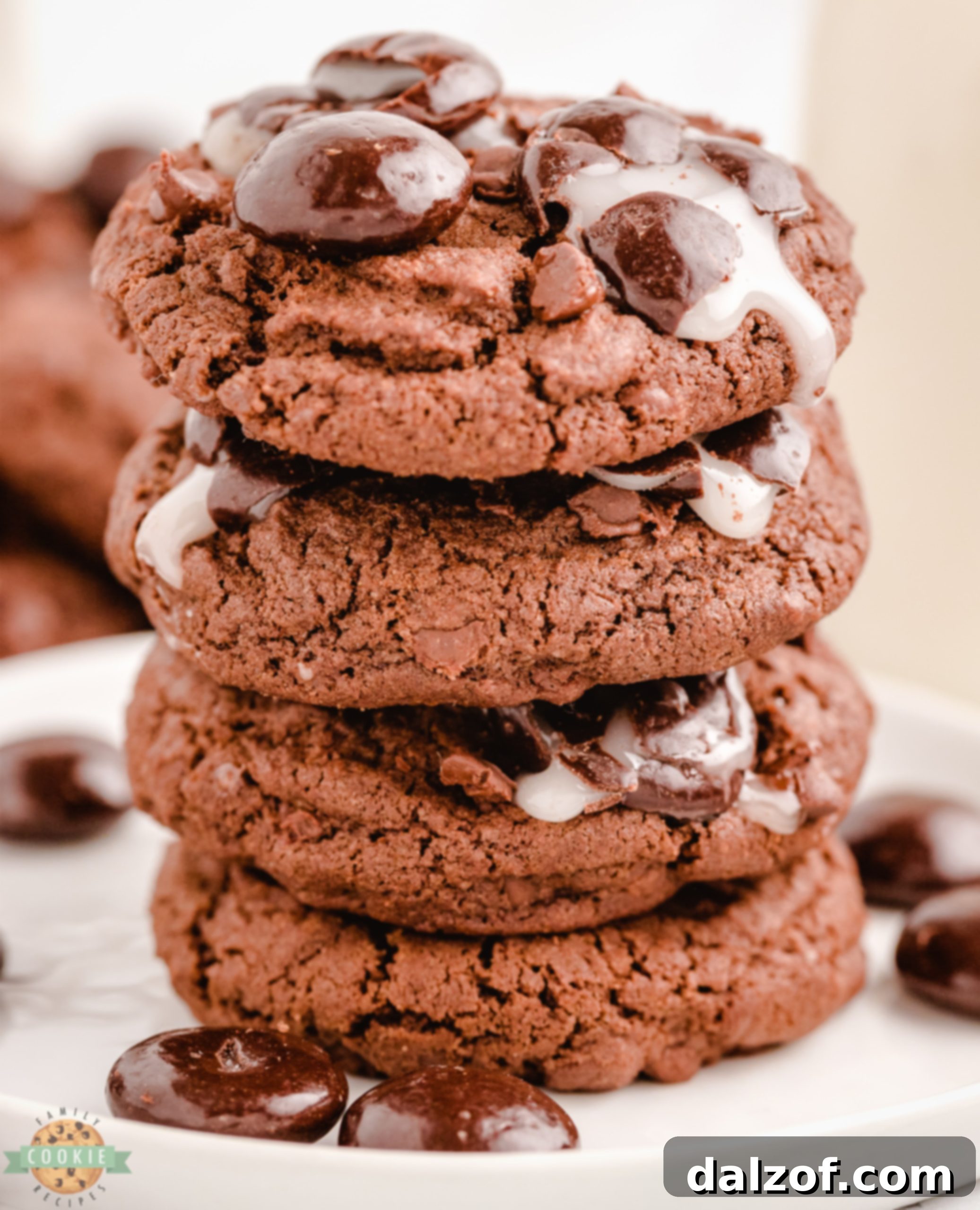 A stack of freshly baked Double Chocolate Junior Mint Cookies