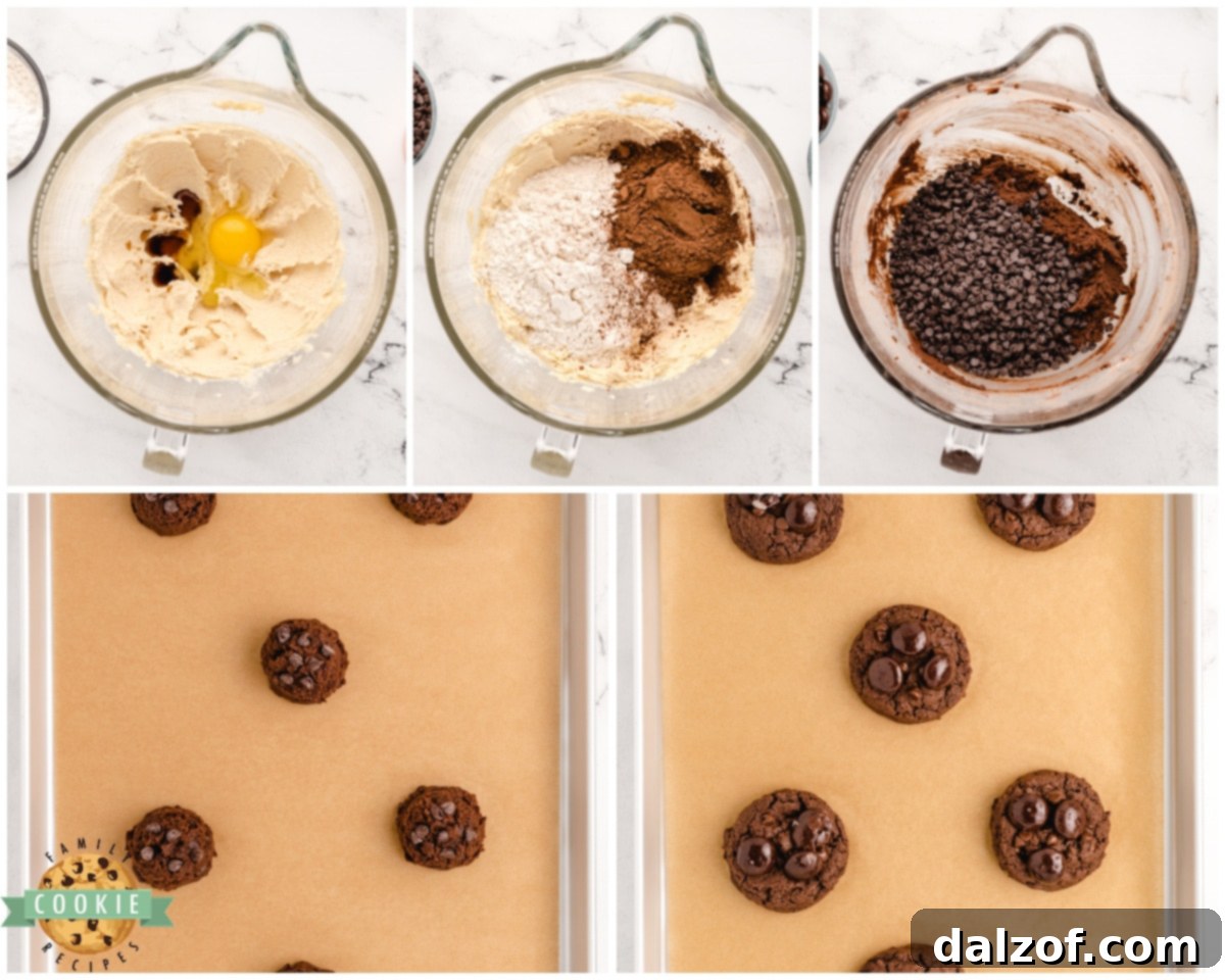 Step-by-step process of making Double Chocolate Junior Mint Cookies