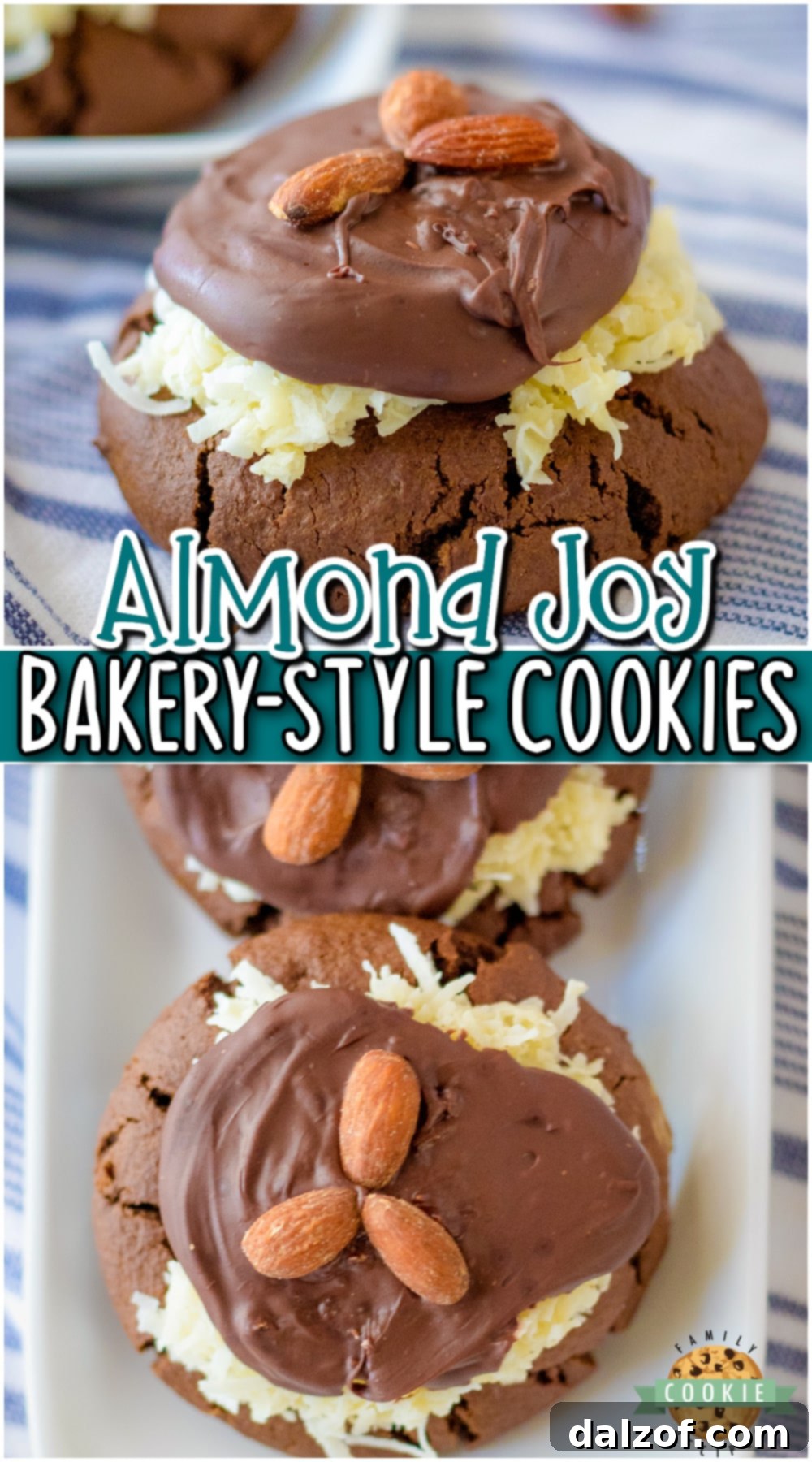 Bakery Style Almond Joy Cookies taste just like your favorite candy bar! Thick, chewy chocolate cookies topped with a creamy coconut mixture, chocolate & almonds; the perfect Crumbl copycat! 
