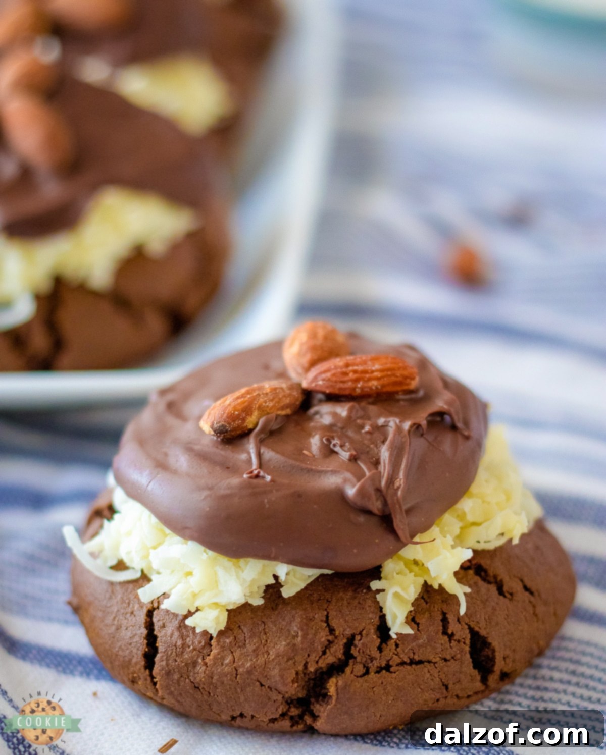 Decadent Bakery Style Almond Joy Cookies, featuring their rich chocolate base and layered toppings