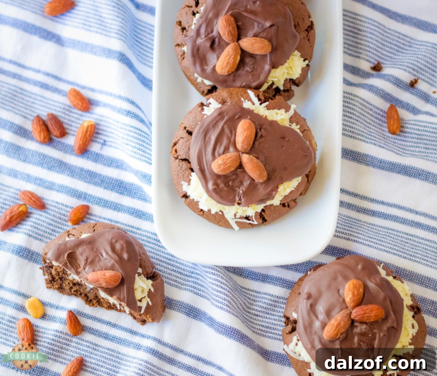 Homemade Crumbl Copycat Almond Joy Cookies arranged on a serving plate