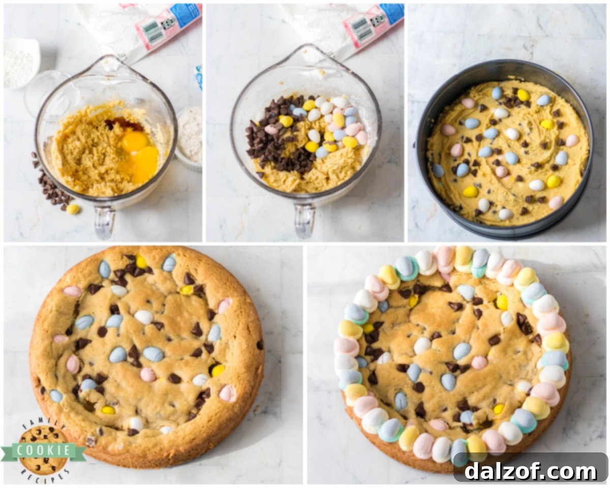 A step-by-step visual guide demonstrating how to make an Easter cookie cake, from dough preparation to festive decoration.
